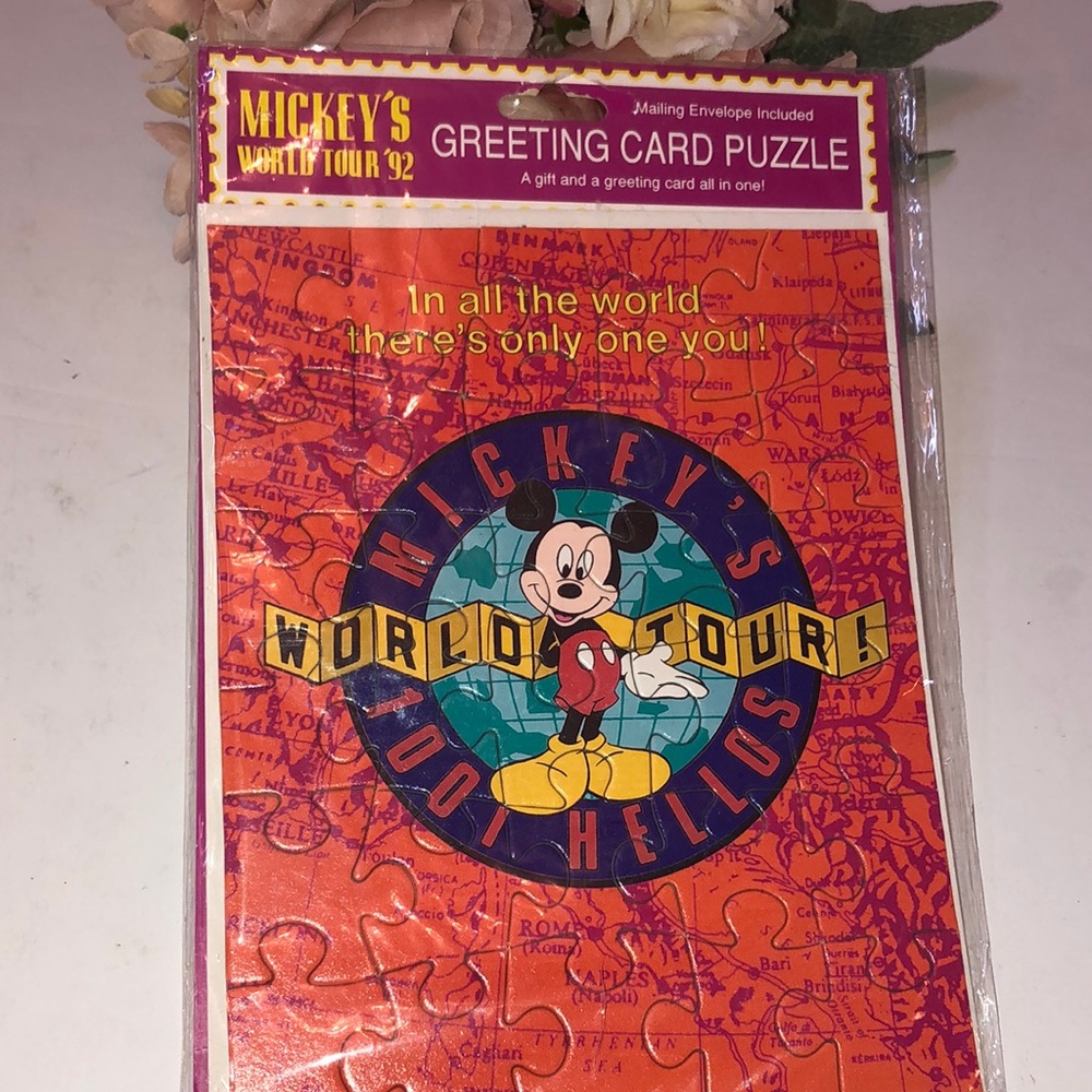 Mickeys World Tour 92’ Card Puzzle Mickey Mouse Birthday Card VTG DISNEY